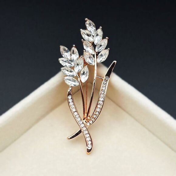 Rose Gold with White Diamond Crystal Wheat Ear Plant Bouquet Pin Back Brooch - Picture 2 of 8